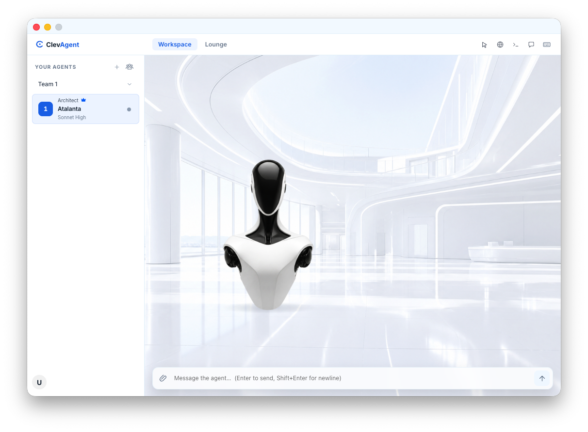 ClevAgent workspace with an agent ready for your next message