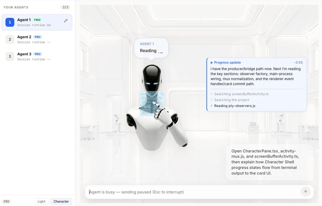 ClevAgent app workspace view with character mode